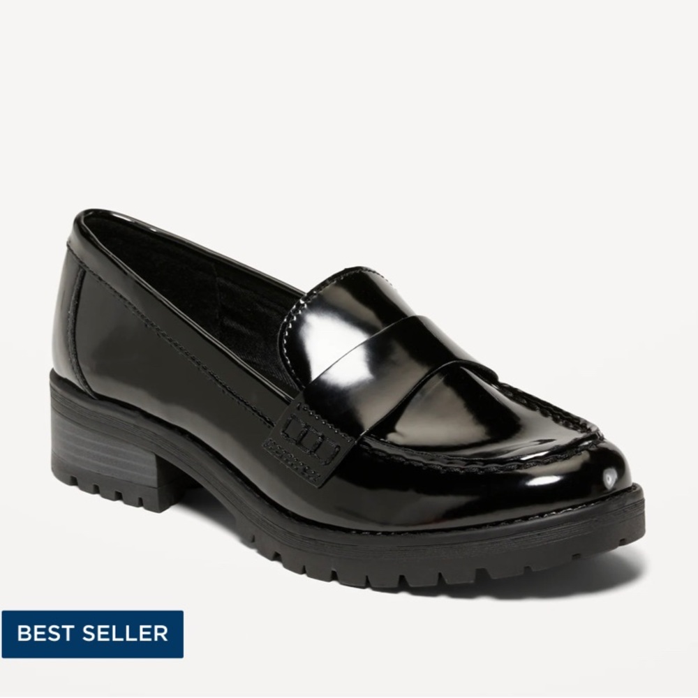 Old Navy Faux Leather Chunky Heel Loafer Shoes Black Patent size 7 Current Style
